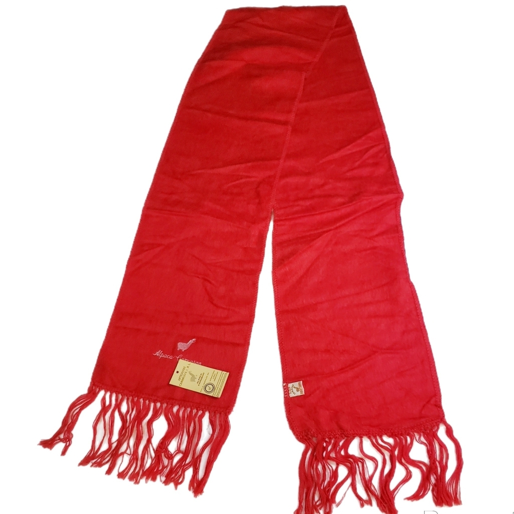Cherry Red Alpaca Wool Scarf New NWT Fringe